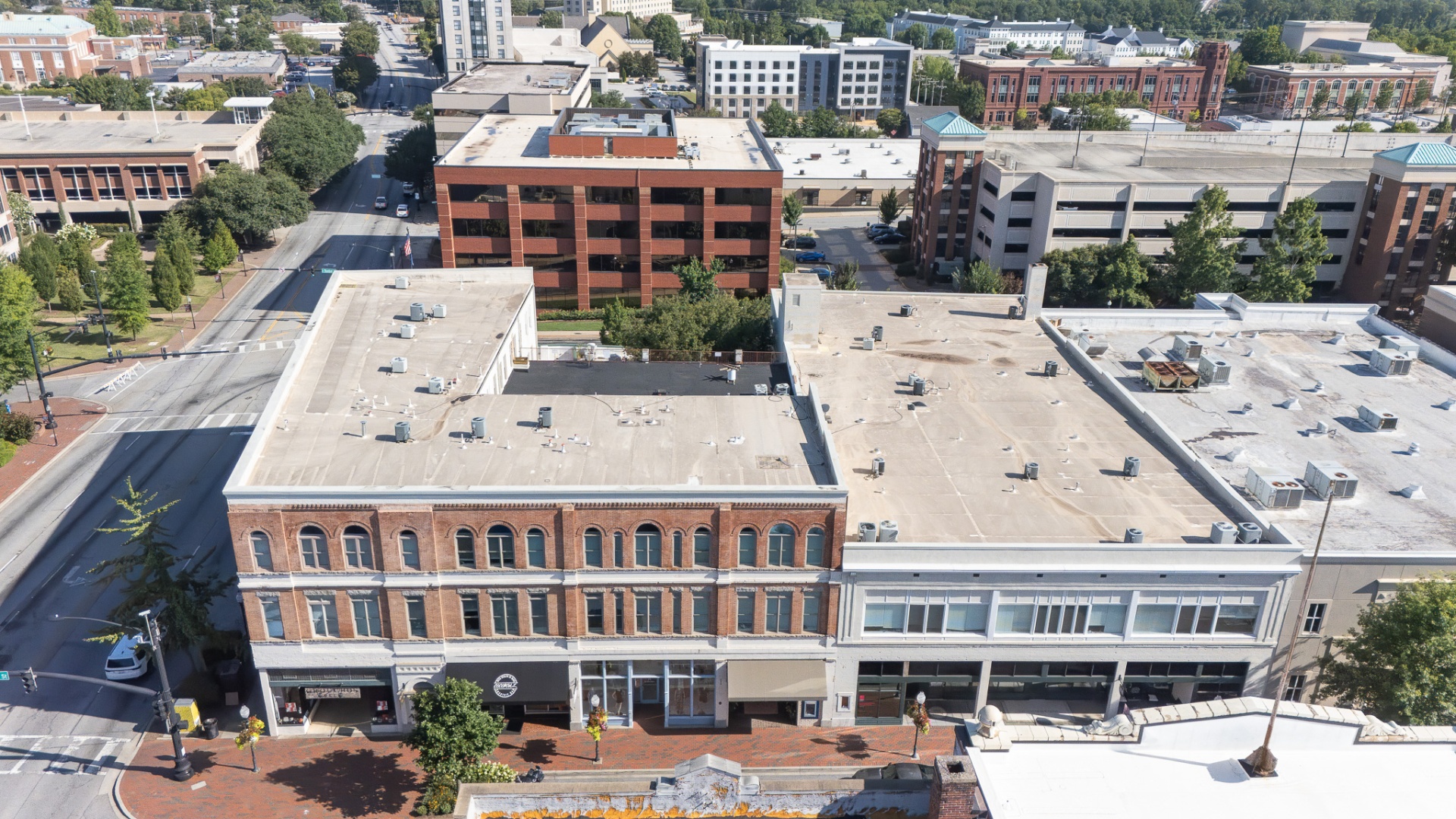 Aerial view of downtown Spartanburg with the historic Palmetto Lofts building